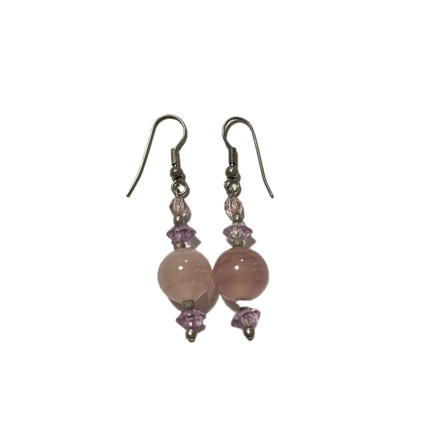 Pink and purple beaded sterling silver dangly earrings