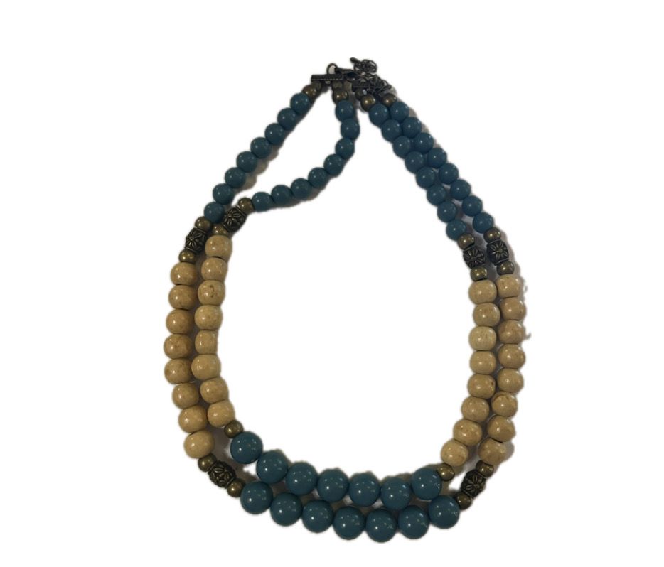 Blue and cream wooden beaded necklace