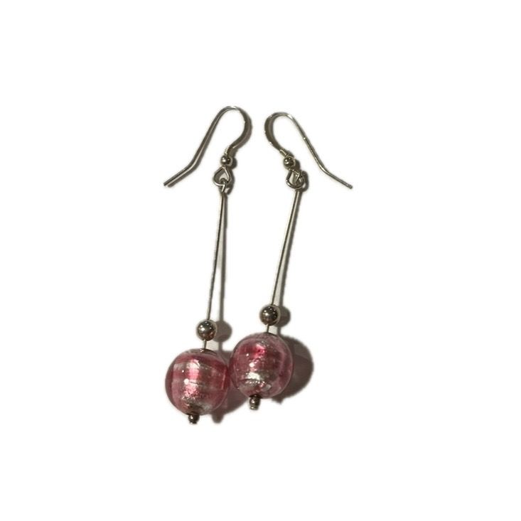 Pink beaded sterling silver dangly earrings